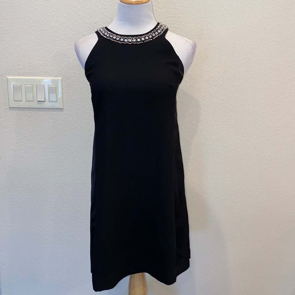 Rebecca Taylor Black Dress Beaded Neck Sleeveless Halter Size 2